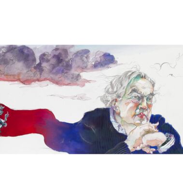 Chi è in cima detta il costume, che lo voglia o no. Esempio, il dress-code dell’uomo: suggerito il completo asciutto, anche se il pantalone corto e stretto pare opera della taccagneria di un sarto ligure. Possibile la non-cravatta, solo a fronte di risultati eclatanti. Inarrivabile il golf, rischiosissimo per chiunque: più che una scalata presenterebbe problemi, fino a cadute rovinose.<br>
2017
Acquerello, acrilici 70 x 40 cm
