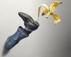 He slipped on a banana peel, poor man who would fall easily. Not all know, however, about the existence of banana-sentinels. Ambushing is their preferred role: when you have almost completed the achievement of a goal they prevent you from succeeding by settling themselves in harmful points for the climb. Here the collapse of the image construction is vertical.<br>
2016 Resin, metal, objects 35 x 70 cm