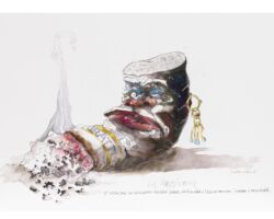 It is understandable that an elegant cigarette, once reduced to a butt, gets angry. And so it happens to all, more or less honest cigarettes. The loss of class manifests itself immediately by drawing extraordinary criminal turns. Seeing is believing.<br>
2017
Watercolour, acrylics 80 x 50 cm