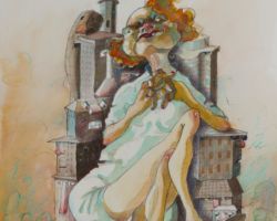 She consumed people after they built the building. She was consumed over time.<br>
2018
Watercolour, acrylics, chalks 50 x 70 cm