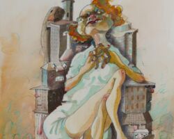 She consumed people after they built the building. She was consumed over time.<br>
2018
Watercolour, acrylics, chalks 50 x 70 cm