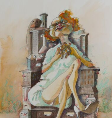 Consumava persone dopo che avevano costruito il palazzo. Col tempo si consumò.<br>
2018
Acquerello, acrilici, gessi 50 x 70 cm