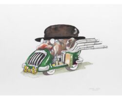 If you are born Giuseppe and end up Pino you can have a problem of reduced self-esteem. In the early sketches Pino was born with a hat and a bowtie together with the tourbillon mechanisms and the racing mufflers, in an attempt to keep him within the middle-class. Then the fragility became an important feature. And hat as well as bow tie disappeared in the sculpture.<br>
2016
Watercolour, acrylics, chalks 60 x 40 cm