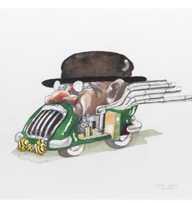 Se nasci Giuseppe e finisci Pino puoi avere un problema di autostima ridotta. Nei primi schizzi Pino nacque con cappello e papillon insieme alle meccaniche tourbillon e marmitte da corsa, nel tentativo di tenerlo nelle middle class. Poi la fragilità divenne un carattere importante.
Così copricapo e farfallino nella scultura scomparvero.<br>
2016
Acquerello, acrilici, gessi 60 x 40 cm