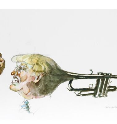 Se a lui togliessi il gesto inquietante della mano, l’autarchia rumorosa del soggetto ne risentirebbe con perdite dell’effetto trombone, dove la voce copre la voce degli altri.<br>
2016 Acquerello, acrilici 80 x 50 cm