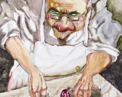 Italo wanted a career as a surveyor. They forced him into the family delicatessen, but the fixed idea of making ends meet never abandoned him.<br>
2020 Acrylics, watercolours, charcoal, chalks 100x150 cm