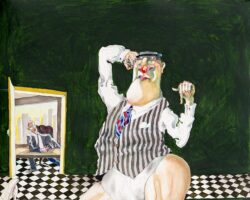 Specialized in plush steps, you don’t hear him coming. He walks on tiptoe: “Can I come in?” he whispers. As you go out, you will find him in your place. If you see him, you’re done.<br>
2020 Watercolour, pencils, acrylics, chalks 54x74 cm.
