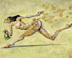 By dint of associating with giraffes, she had learned to navigate high places. It was time to run.<br>
2020 Watercolours, acrylics, charcoal, oil 70x50 cm