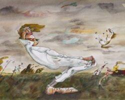 Giancarlo, a superior being who is able to delicately lift coffee fumes or boldly lift ladies’ skirts, to the point of unleashing terrible waves on the oceans or scary hurricanes. Giancarlo Wind is undoubtedly able to occupy the highest social spheres.<br>
2019 Watercolours, acrylics 70x50 cm