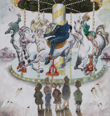 Detto di chi è riuscito a scalare le fasce sociali, battendo avversari di ogni tipo. Condizione essenziale è di non curarsi di chi è rimasto a terra.<br>
2019 Acquerello, acrilici 50 x 70 cm